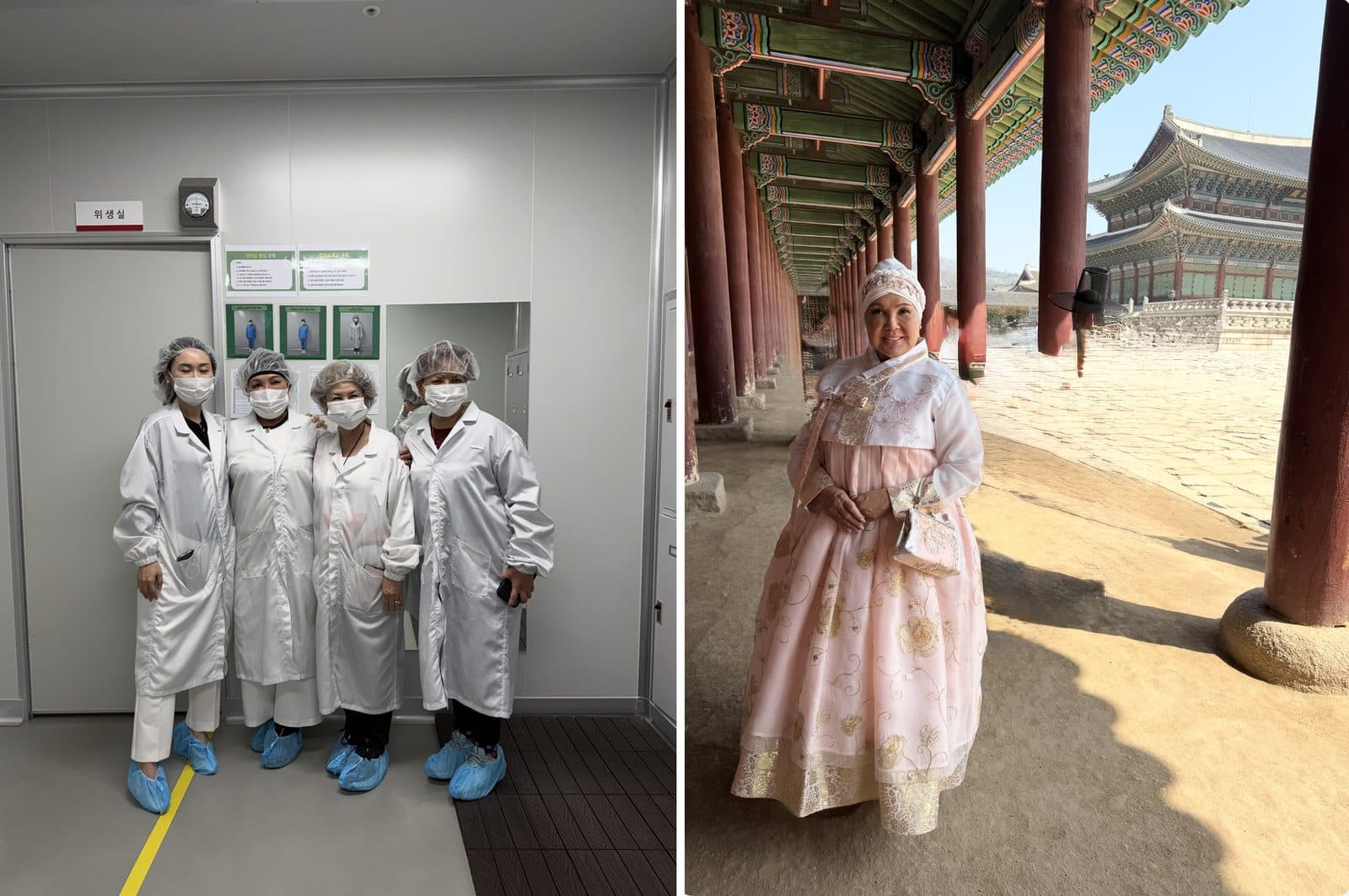 Cynthia and the Neoderma team touring a hair-science lab in Korea, and Cynthia in a traditional Korean hanbok at a palace