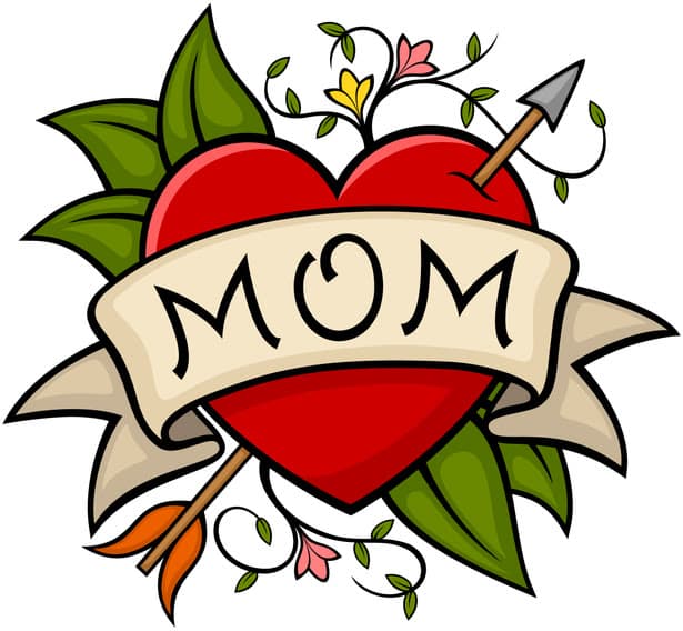 Example tattoo for measuring: classic red heart tattoo with a MOM banner, measuring 2 inches tall by 2 inches wide against rulers